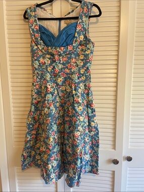 Lindy Bop Blue Floral Midi Dress with Pink and Yellow Blooms